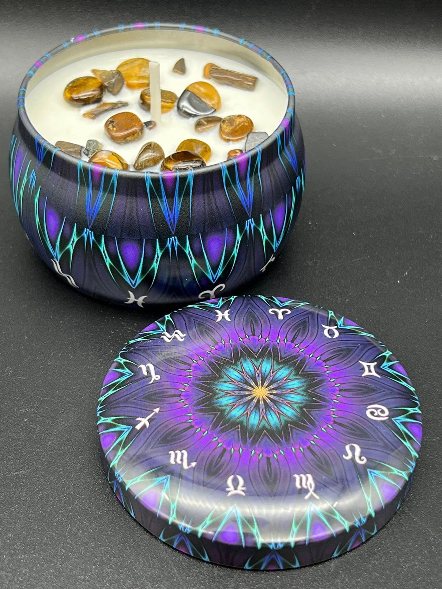 Brownie Bliss & Tiger Eye - Crystal Zodiac Tin Candle
