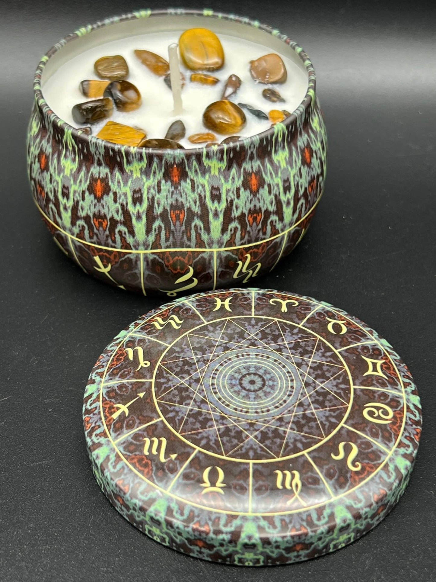 Brownie Bliss & Tiger Eye - Crystal Zodiac Tin Candle